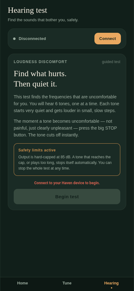 Haven app Hearing test intro screen