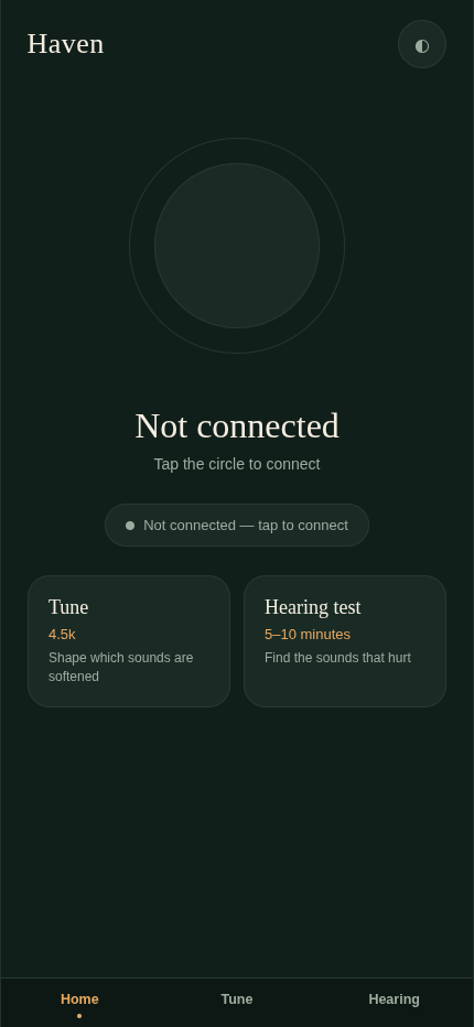 Haven app Home screen showing the breathing protection orb