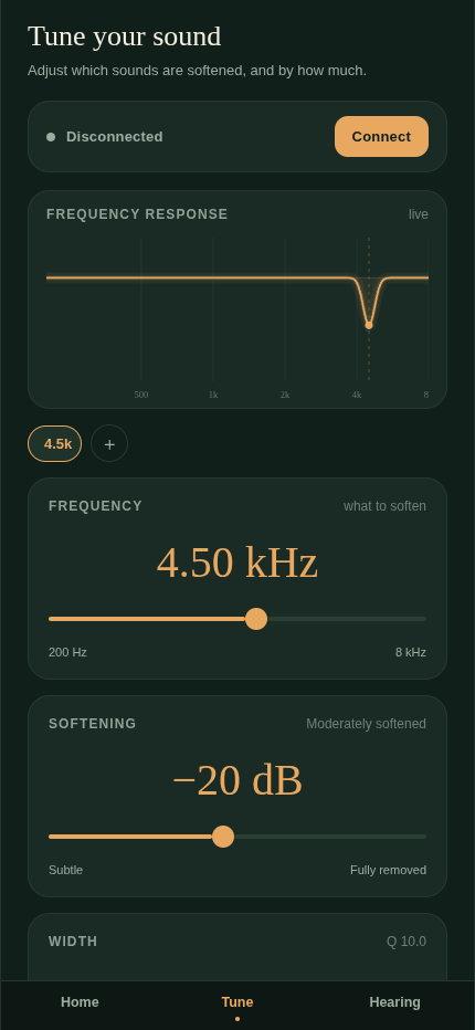 Haven app Tune screen with frequency response curve and sliders